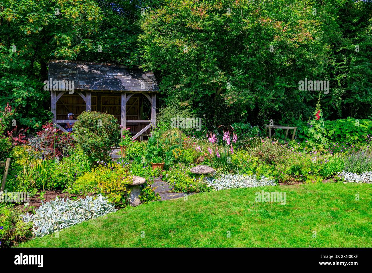 Una casa estiva in legno e un colorato confine erbaceo al Docton Mill Garden, Lymebridge, North Devon, Inghilterra, Regno Unito Foto Stock