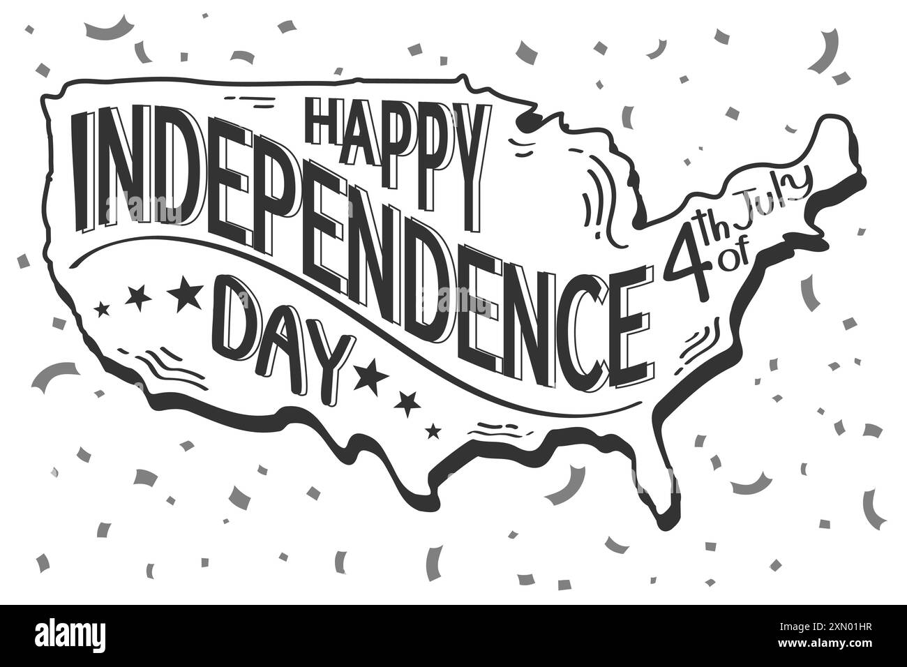 Mappa degli Stati Uniti d'america con le parole sul giorno dell'indipendenza, 4 luglio . Vettore . Illustrazione Vettoriale