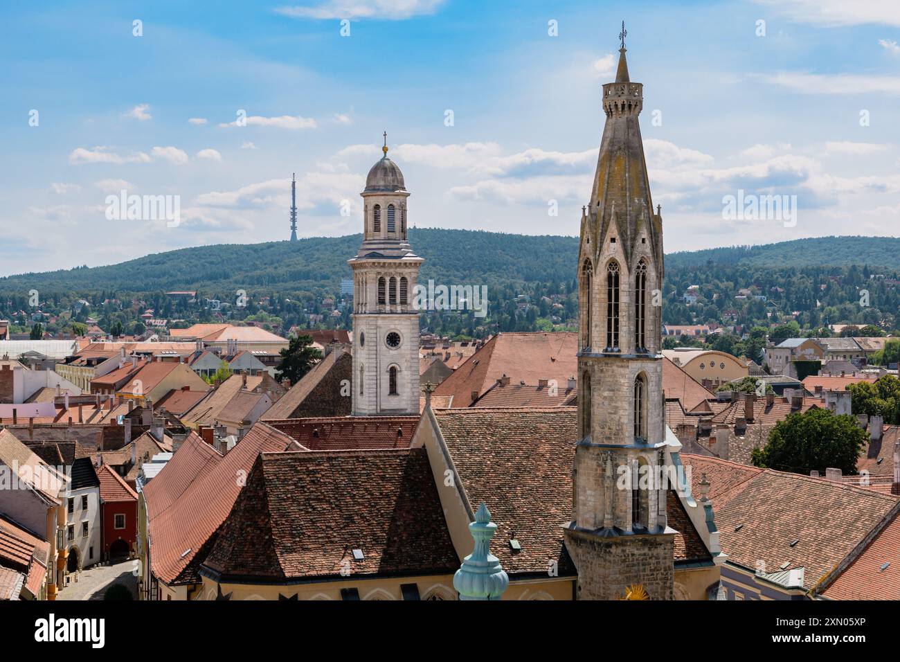 Una splendida vista dalla torre dei vigili del fuoco di Sopron, con le torri della Chiesa della Beata Maria (Chiesa di Capra) e la Chiesa Luterana in primo piano Foto Stock