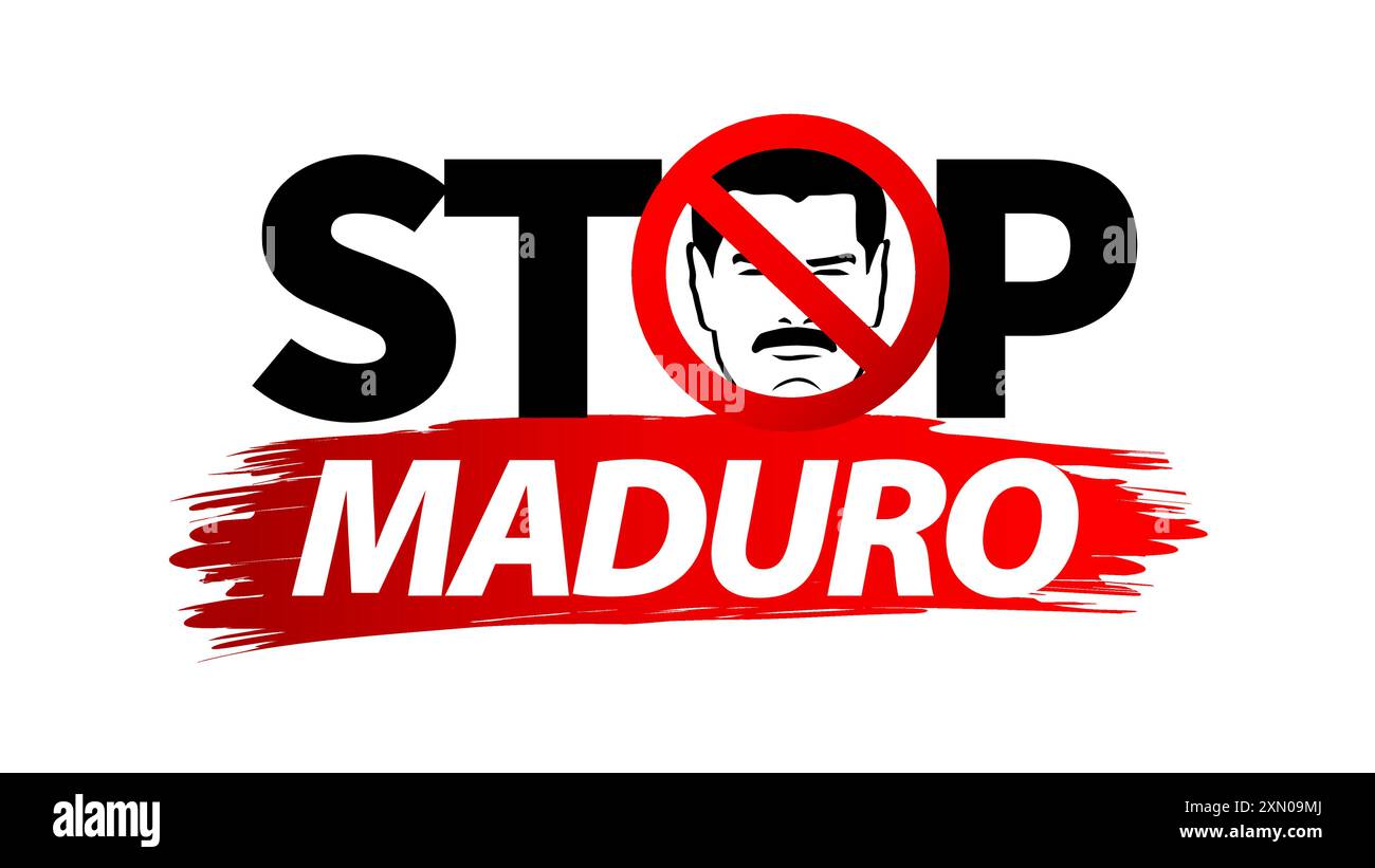 Ferma Maduro Concept. Il ritratto di Maduro è barrato con un segnale di stop. Sfondo vettoriale Illustrazione Vettoriale