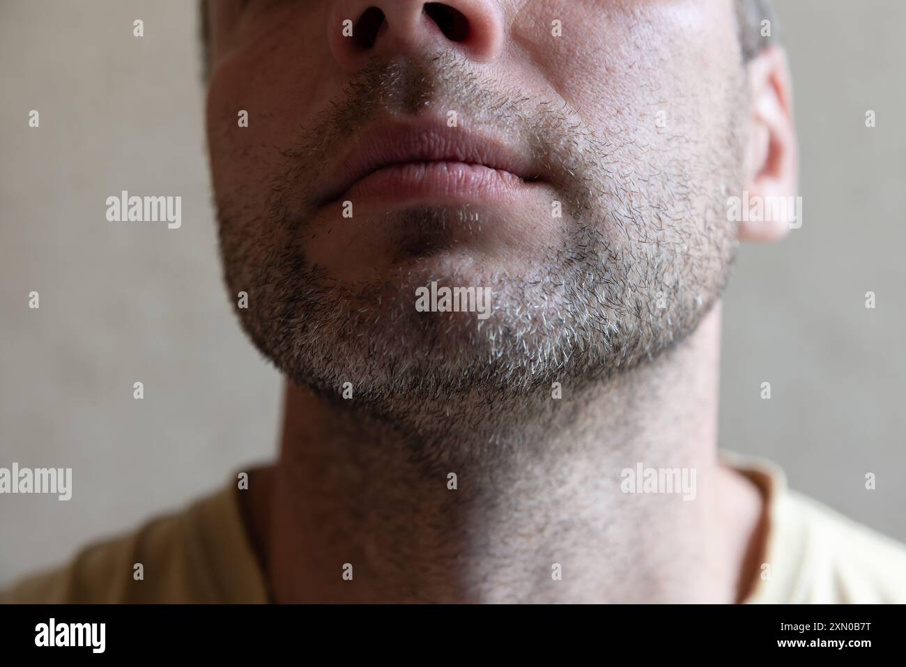 Unshaven mento e collo di un uomo europeo, foto da vicino in interni Foto Stock