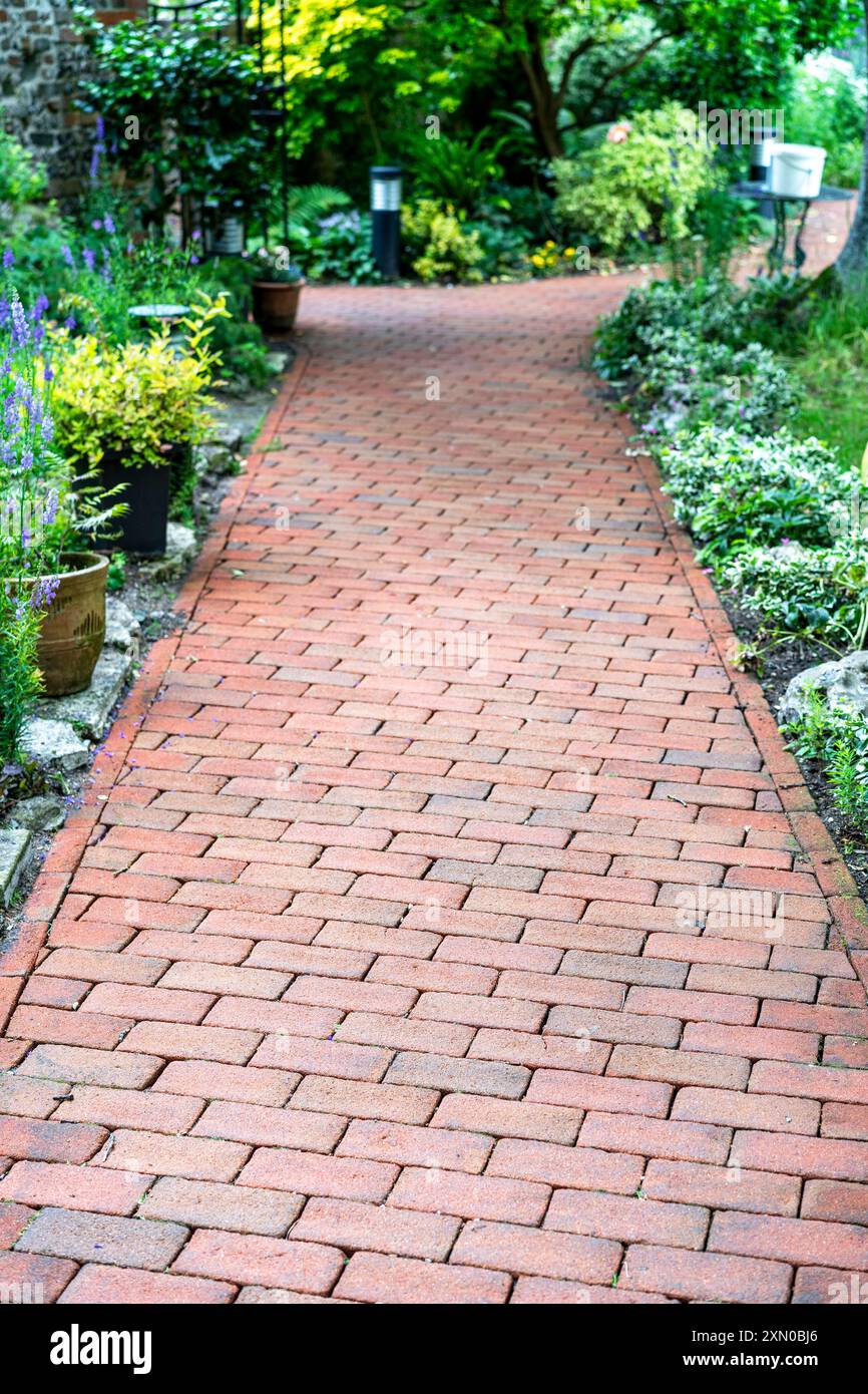 Percorso giardino in mattoni rossi e piante e arbusti verdi Foto Stock