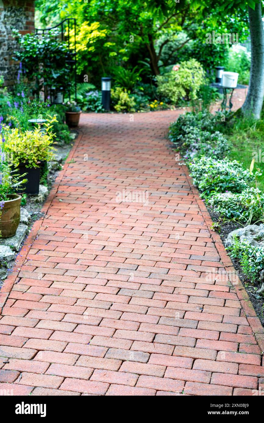 Percorso giardino in mattoni rossi e piante e arbusti verdi Foto Stock