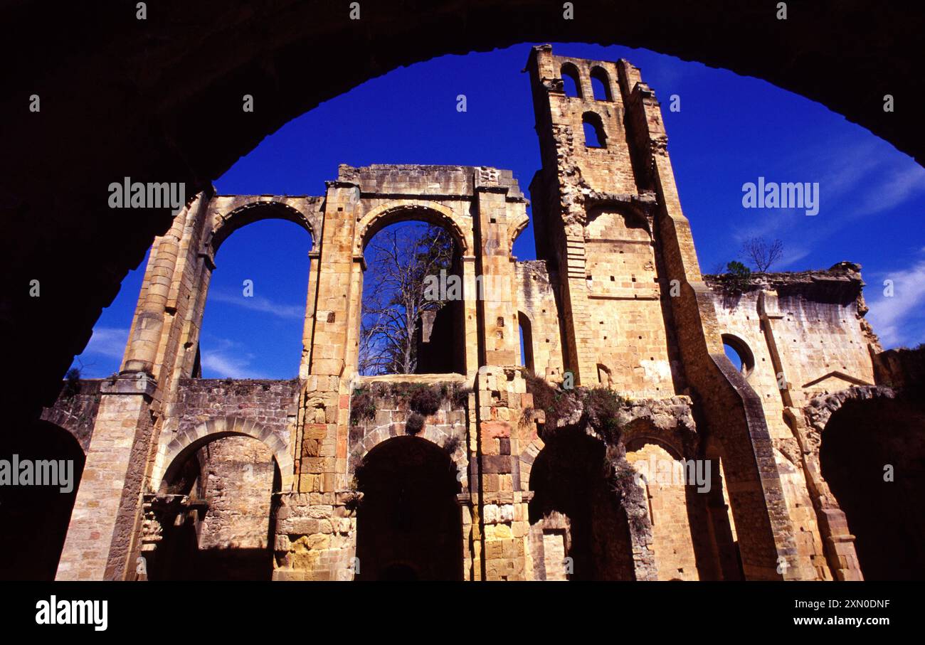 Abbazia benedettina di Notre Dame (XII secolo). costruito su un tempio visigoto del ix secolo). Questo abbaye funge da cattedrale dopo la crociata contro Th Foto Stock