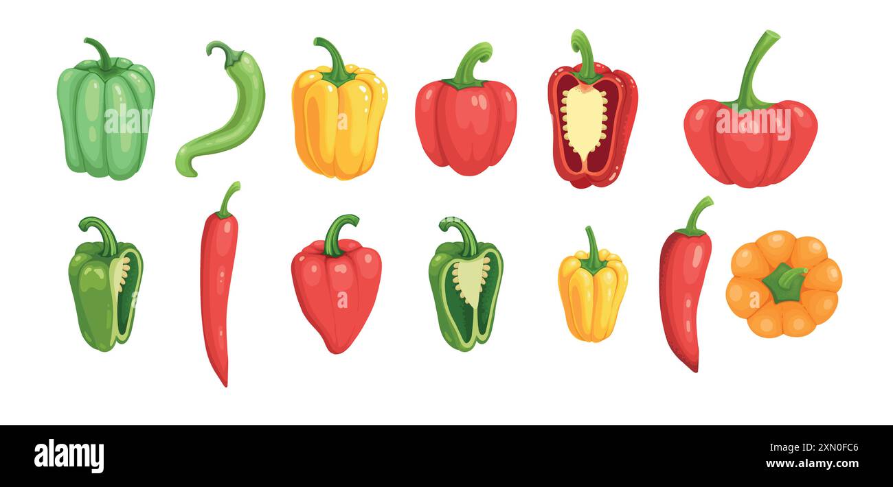 Vari peperoni. Cartoni animati rosso verde giallo arancio paprika dolce, verdure biologiche fresche per cucinare e mangiare sano. Set colorato vettoriale di Illustrazione Vettoriale
