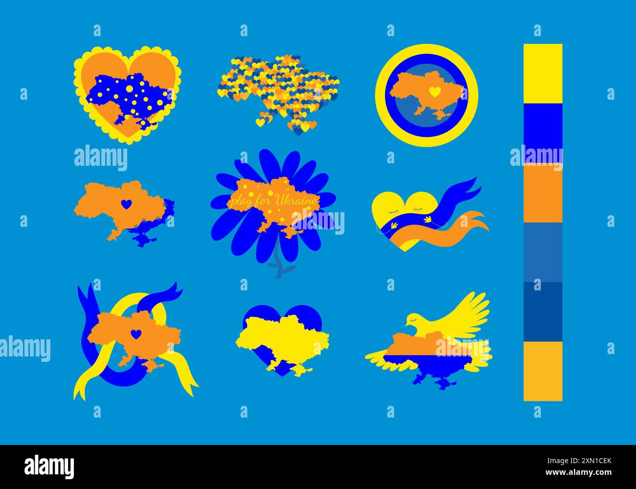 Serie di illustrazioni di cartoni animati retrò con il contorno del paese e la bandiera dell'Ucraina. Illustrazione associativa di pace, amore e prosperità. Foto Stock