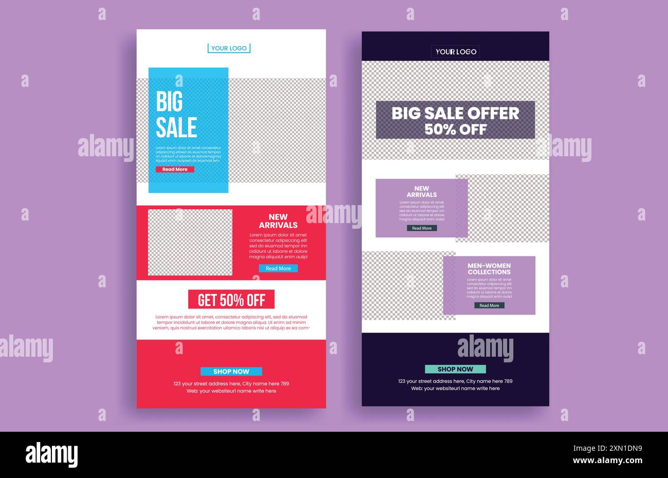 Modello di newsletter e-mail con offerte di sconti e-mail per l'intestazione o l'interfaccia dell'interfaccia utente del sito Web di vendita di moda, pagina del sito Web di blog di moda o layout di giornali Illustrazione Vettoriale