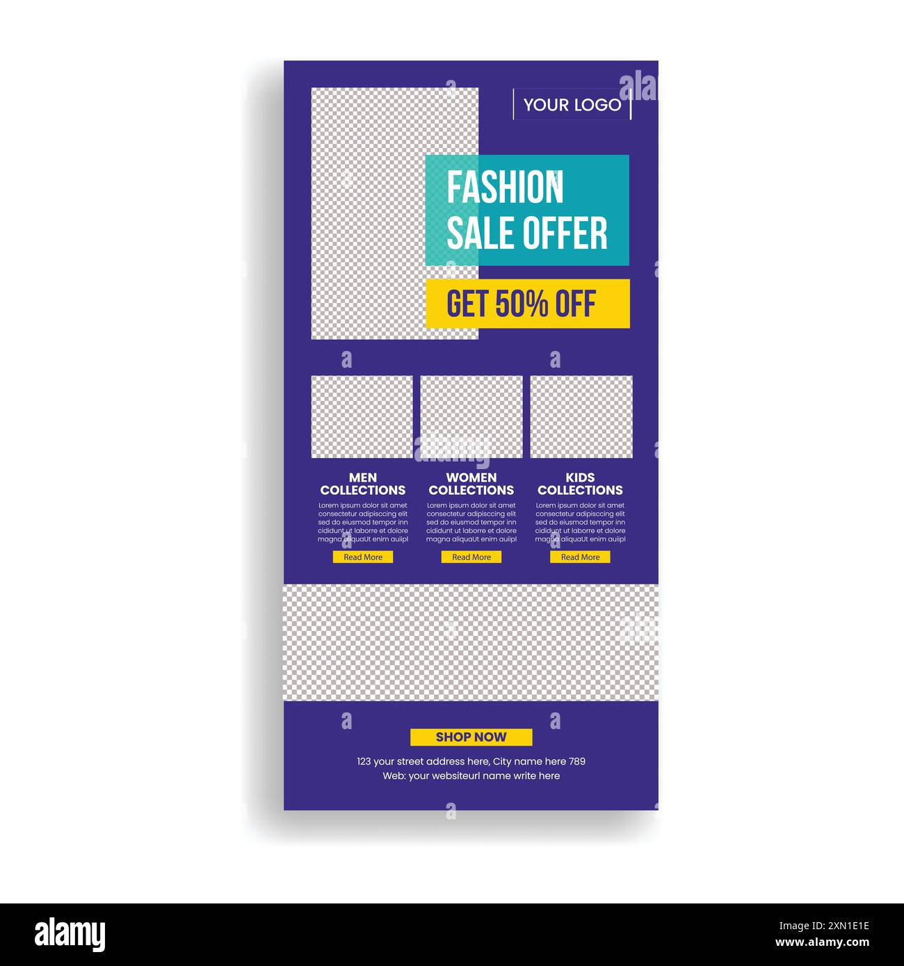 Modello di newsletter e-commerce per la vendita di moda pagina Web interfaccia utente progettazione layout, vendita promozionale e-mail marketing o modello di giornale Illustrazione Vettoriale