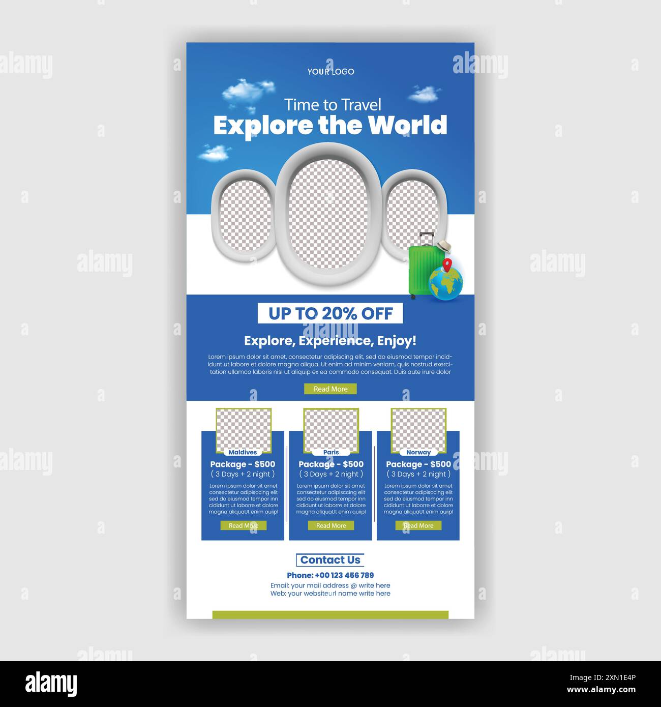 Newsletter via e-mail per viaggi modello modificabile per e-mail per tour, landing page per siti Web, poster di viaggio verticale o banner avvolgibile, sito Web in Illustrazione Vettoriale