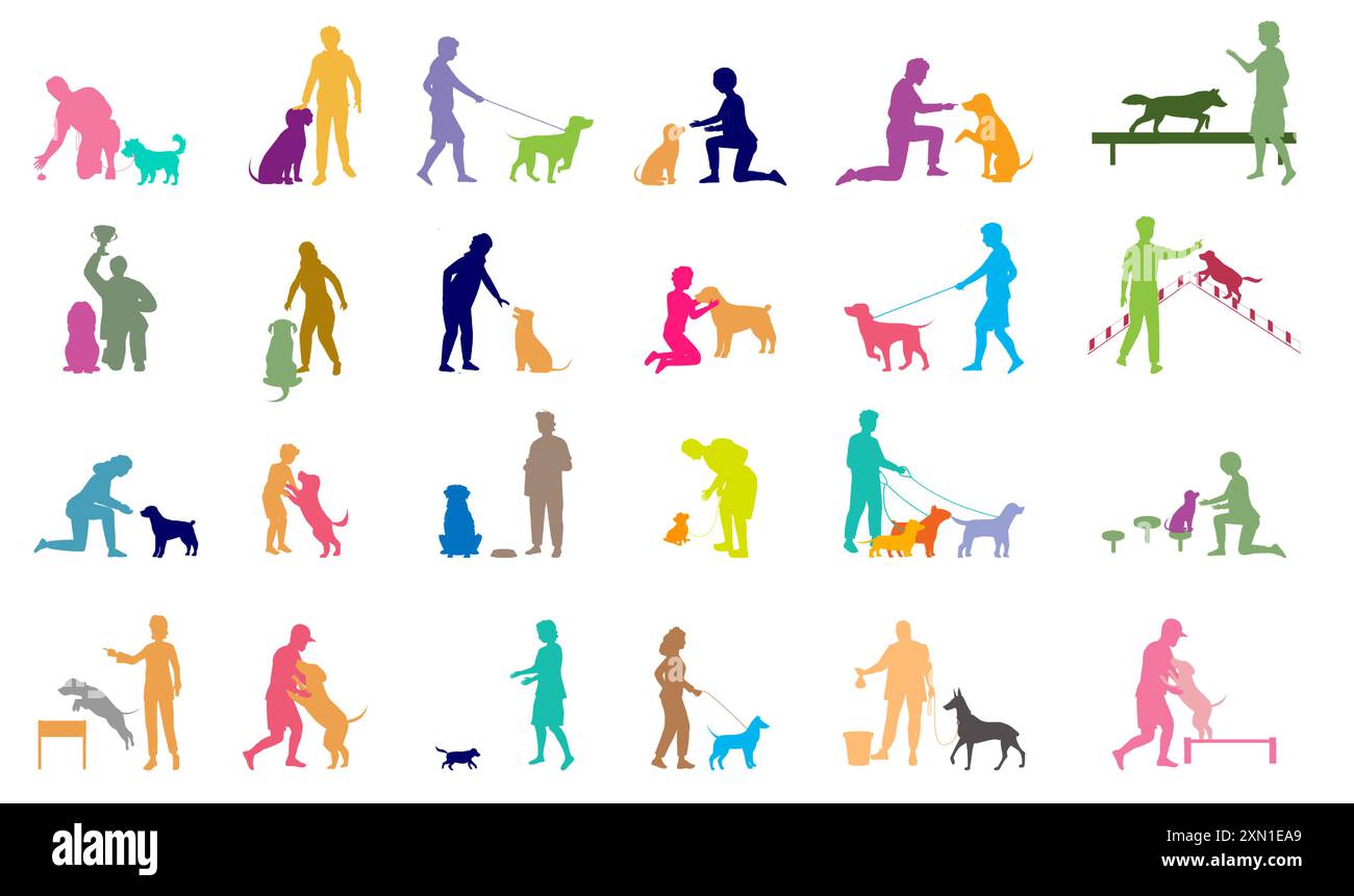 Persone proprietario di animali domestici che camminano silhouette cane set di illustrazioni vettoriali Illustrazione Vettoriale