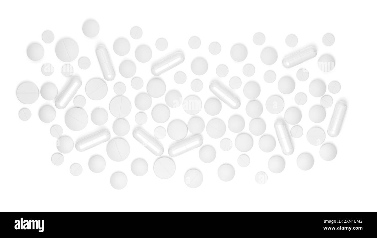 Pillole isolate su sfondo bianco. illustrazione 3d. Foto Stock