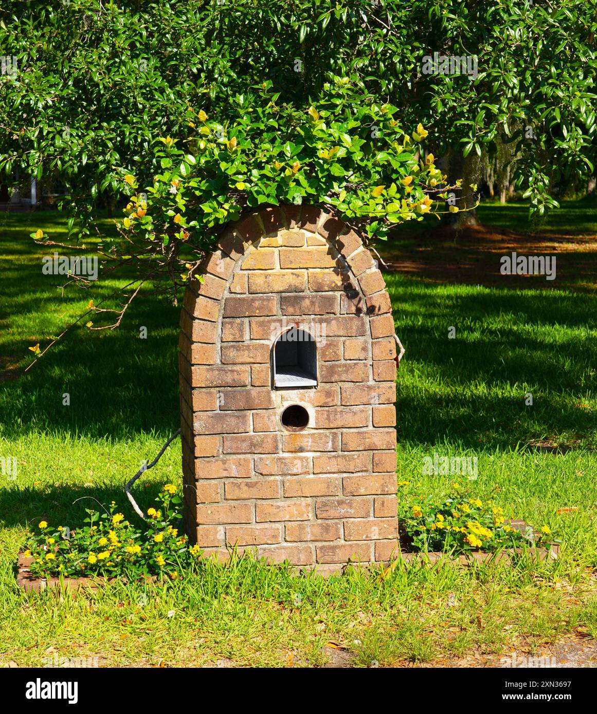 Una vecchia cassetta postale in mattoni circondata da vegetazione lussureggiante e fiori gialli, aggiunge fascino rustico ad un giardino Foto Stock