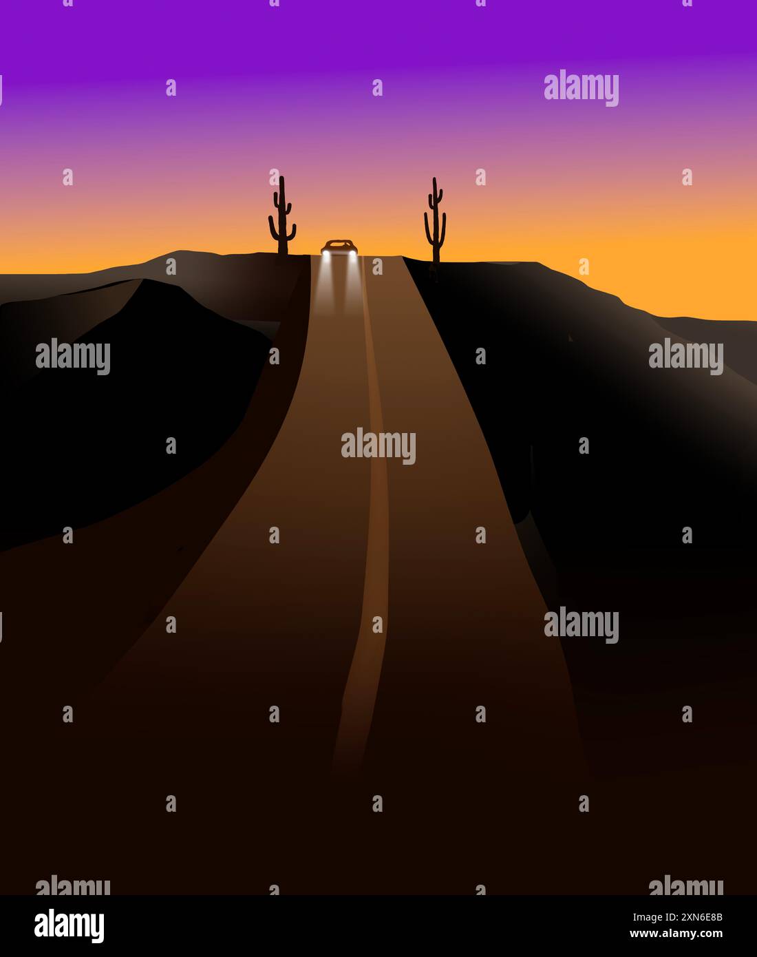 Un'auto è vista al crepuscolo su un'autostrada desertica con cactus in lontananza in un'illustrazione in 3D con spazio per le copie. Foto Stock