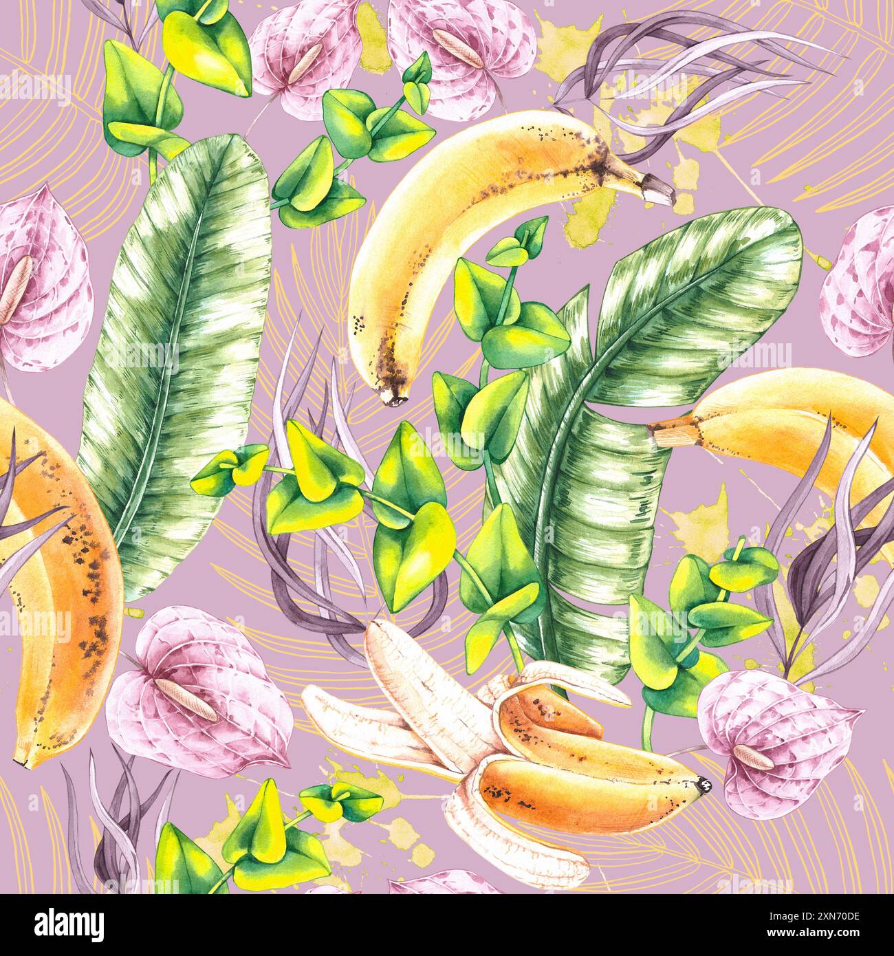 Motivo tropicale acquerello con banane e fiori. Motivo floreale tropicale con foglie di palma. Motivo floreale per design packaging, fabri Foto Stock