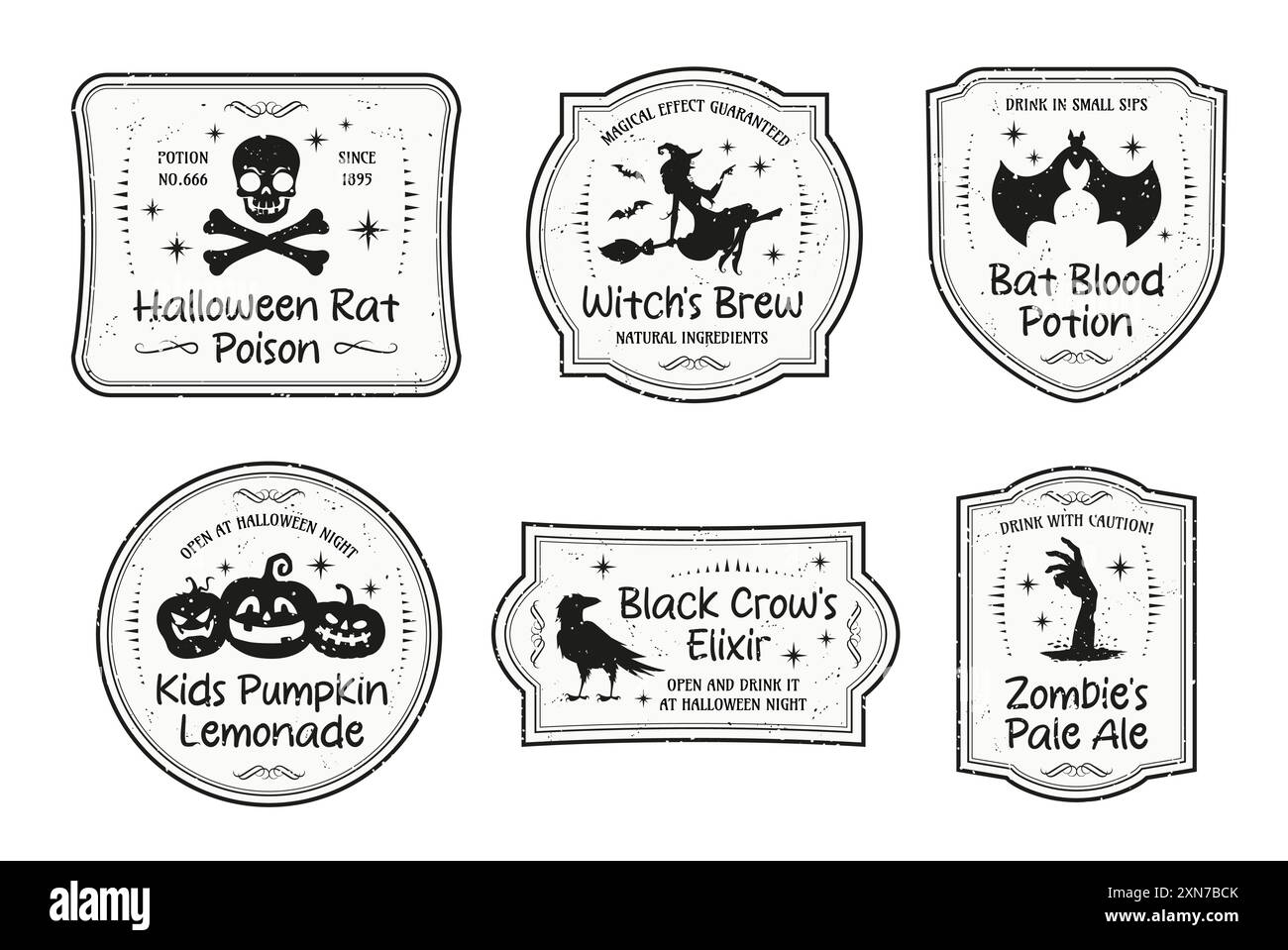 Etichette per bottiglie di pozione magica di Halloween, set vettoriale isolato di badge grunge monocromatici per una birra in stile retrò con un teschio minaccioso e ossa incrociate, wi-fi Illustrazione Vettoriale