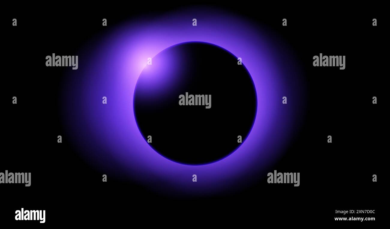 Concetto di eclissi planetaria viola. Effetto riflesso della luce solare. Corona solare luminosa nello spazio buio. Alone di terra con bordo luminoso. Design vettoriale per poster, striscioni, copertina, brochure, opuscolo Illustrazione Vettoriale