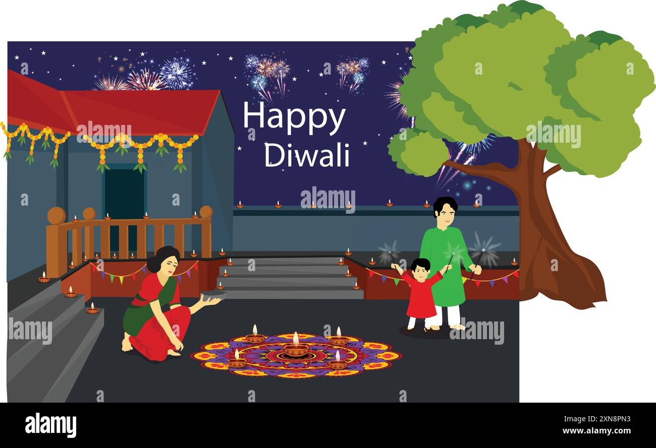 Poster grafico vettoriale dei desideri di diwali, donna che produce rangoli e padre con figlio che si diverte con i cracker. Illustrazione Vettoriale