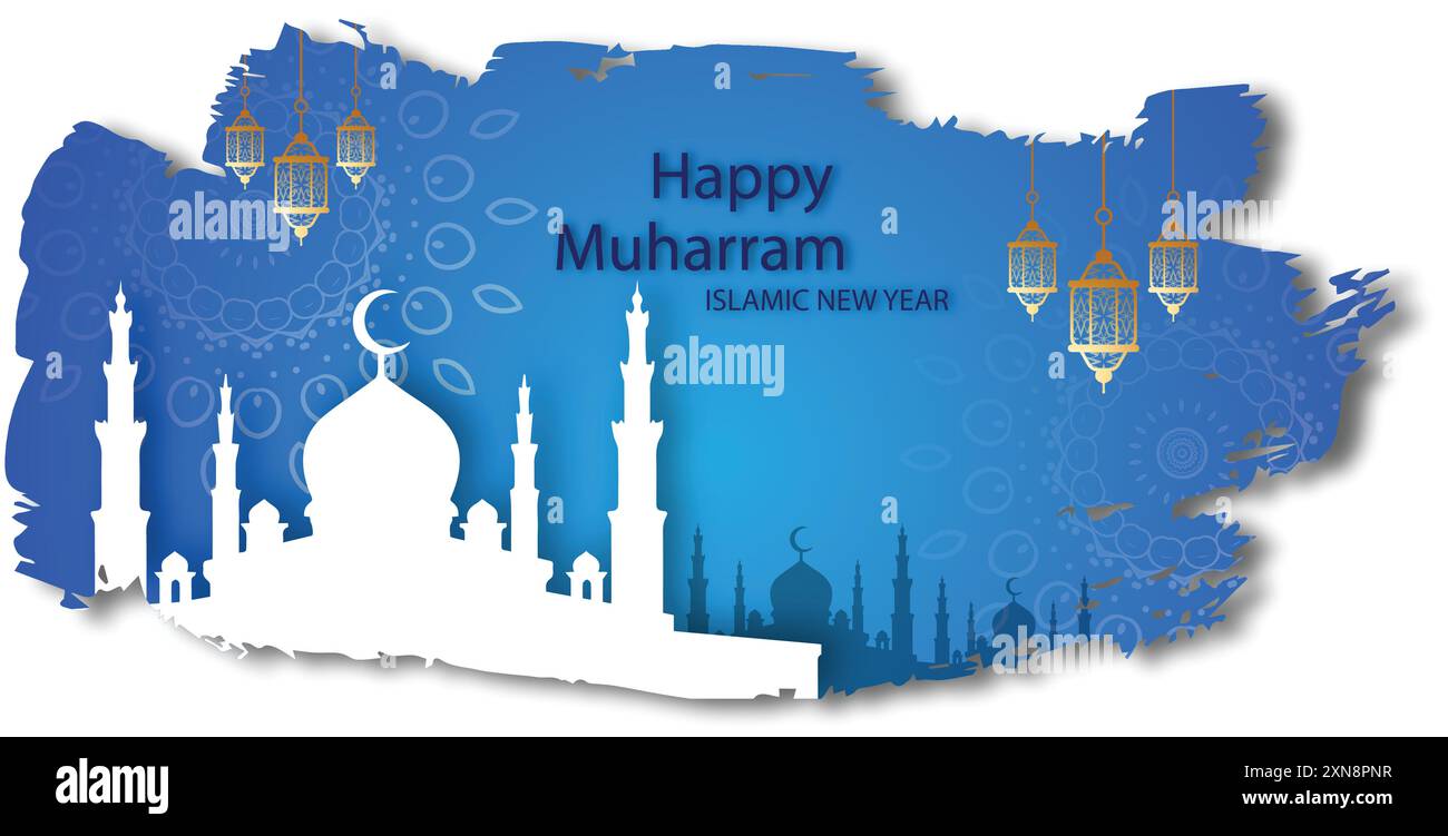 Poster grafico vettoriale di Happy muharram con moschea e lanterna su sfondo blu. felice muharram Illustrazione Vettoriale