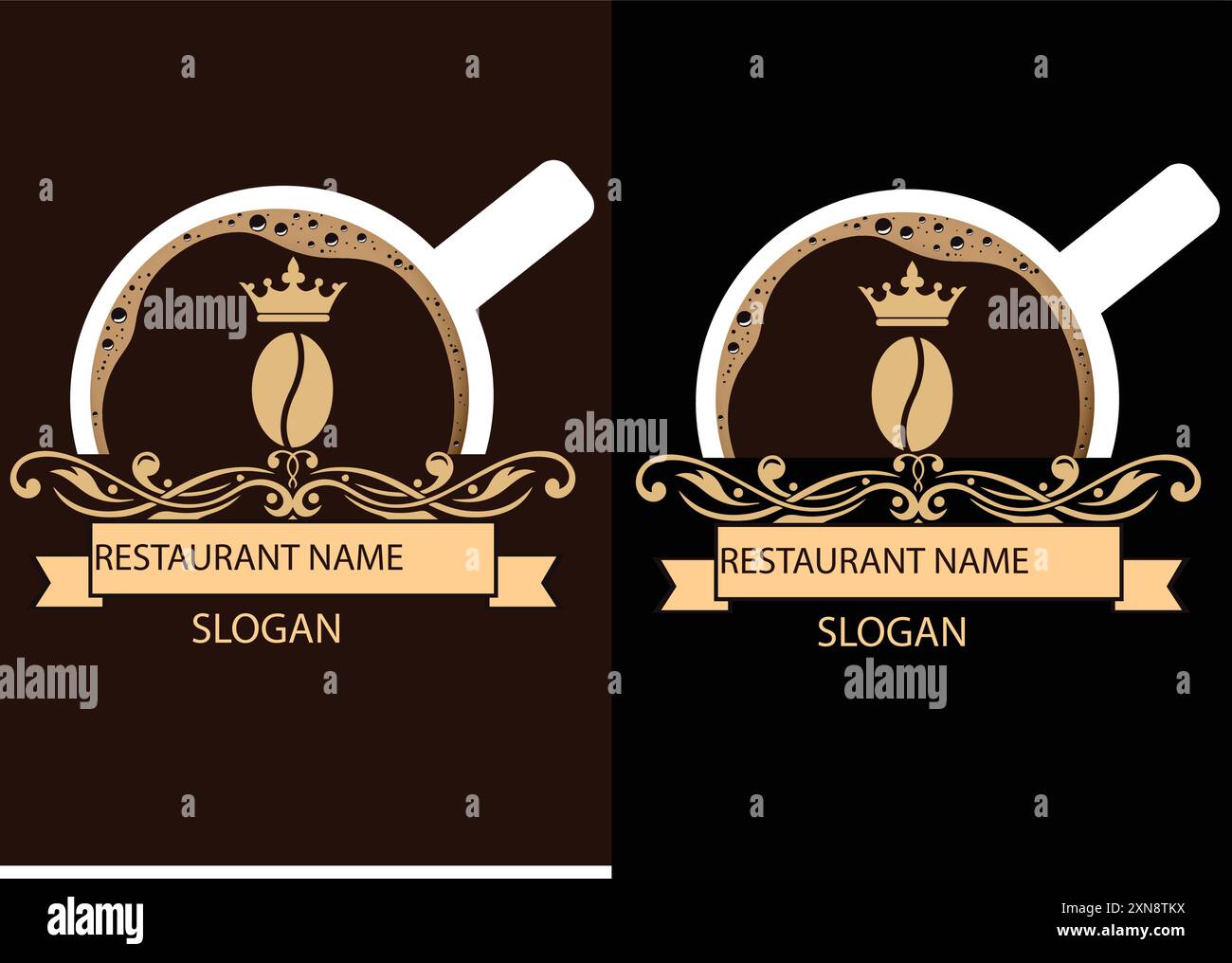 Immagine vettoriale del logo della tazza di caffè, tazza con chicco di caffè sullo strato superiore. logo maker online, logo maker, logo design cafe. Illustrazione Vettoriale