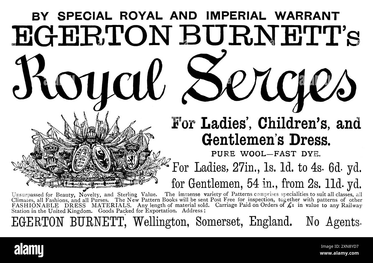 1887 pubblicità britannica per Royal Serges di Egerton Burnett, tessuti per abbigliamento alla moda. Foto Stock