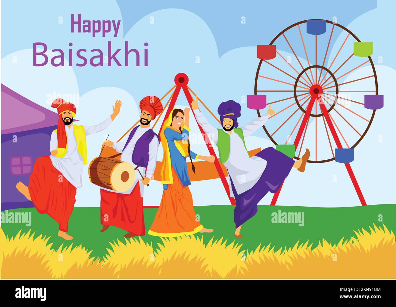 Poster grafico vettoriale della gente felice vaisakhi che balla e si diverte al festival. Illustrazione Vettoriale