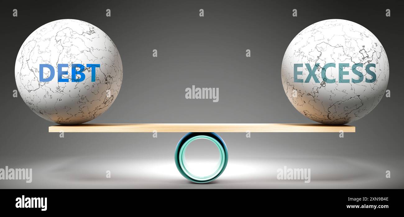 Debito e eccesso di saldo. Una metafora che mostra il debito in equilibrio con l’eccesso, simboleggiando un’armonia desiderata tra di loro. Stabilità. Armonioso e. Foto Stock