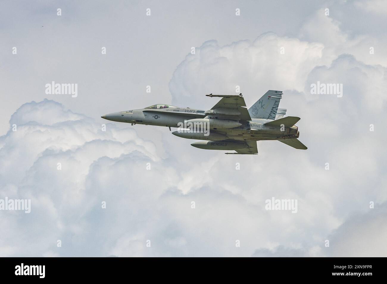 Un F/A-18C Hornet del corpo dei Marines degli Stati Uniti, con Marine All-Weather Fighter Attack Squadron (VMFA(AW)) 224, Marine Aircraft Group 31, 2nd Marine Airc Foto Stock