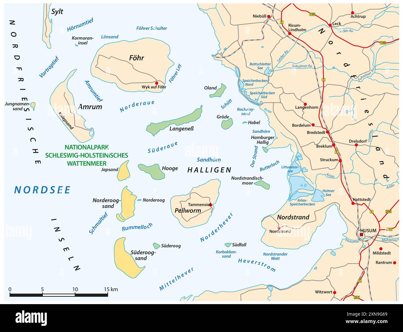 Mappa dello Schleswig-Holstein Halligen nel Mare di Wadden nella Frisia settentrionale, Germania Foto Stock