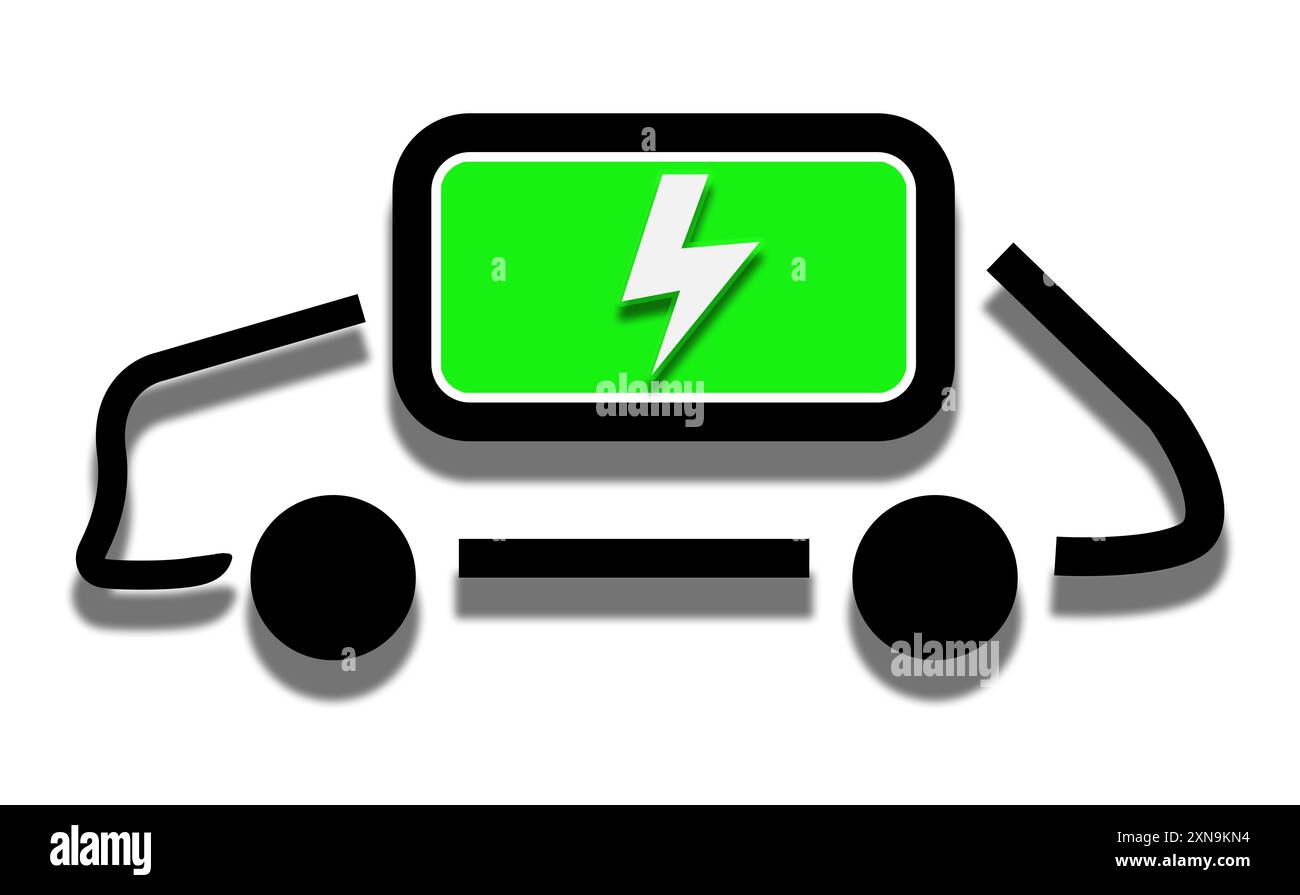 Illustrazione di ricarica della batteria per auto in verde con simbolo del tuono per i segnali delle stazioni dei veicoli elettrici Foto Stock