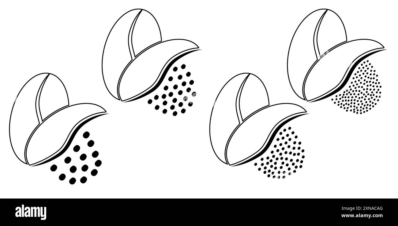 Pittogramma dei chicchi di caffè tostati con cartoni animati. Macinatura in chicchi di caffè, tabella delle dimensioni grani. Per tazza o tazza. Per il caffè. Avanzamento approssimativo, medio o fine Illustrazione Vettoriale