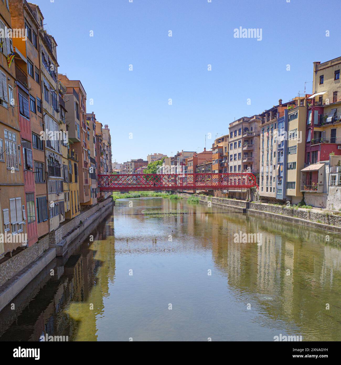 Girona, Spagna - 23 luglio 2024: Case colorate sul fiume Onyar, Girona, Catalogna Foto Stock