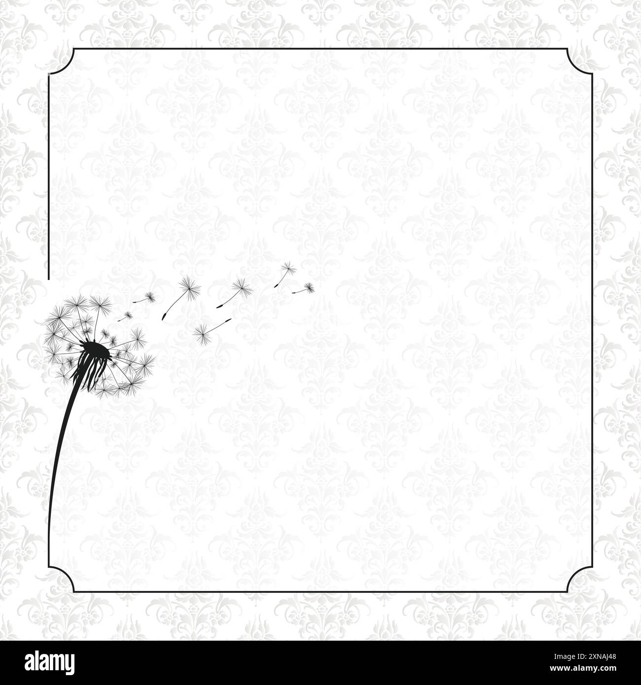 Ornamenti Obituary Frame Dandelion un necrologio con dente di leone nero. Foto Stock