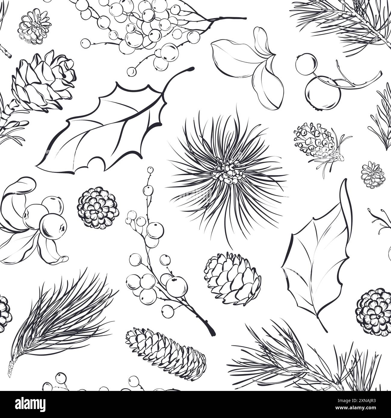 Motivo lineare senza cuciture natalizio. Disegno botanico invernale di silhouette piatte di frutti di bosco, foglie, coni e rami di pino su sfondo scuro. Foto Stock