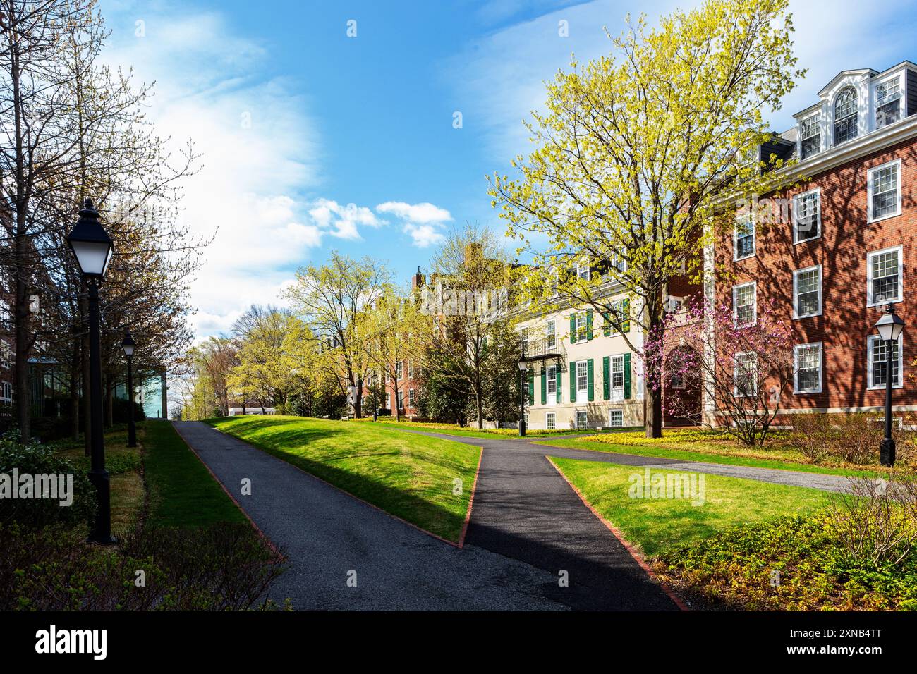 Boston, Massachusetts, Stati Uniti - 19 aprile 2023: Vista ad angolo basso su sentieri attraverso il campus della Harvard Business School. Foto Stock