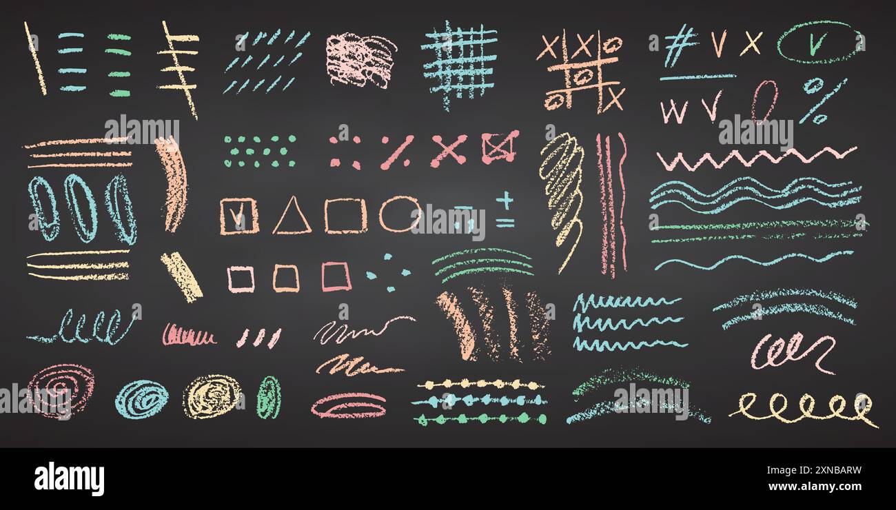Matita a carbone che disegna a mano linee ricciose, schizzi, scoiattoli e forme elementi di gesso colorati sulla lavagna nera pastello di gesso Grunge scarabocchi Illustrazione Vettoriale