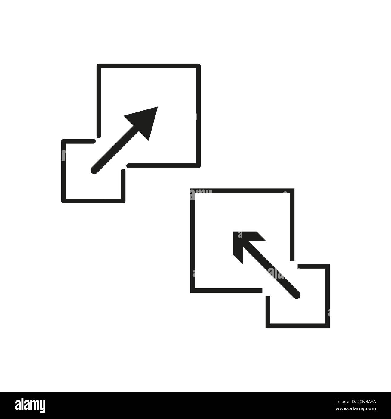 Icone quadrate con freccia. Simboli vettoriali di espansione. Forme nere minimaliste. Design grafico astratto. Illustrazione Vettoriale