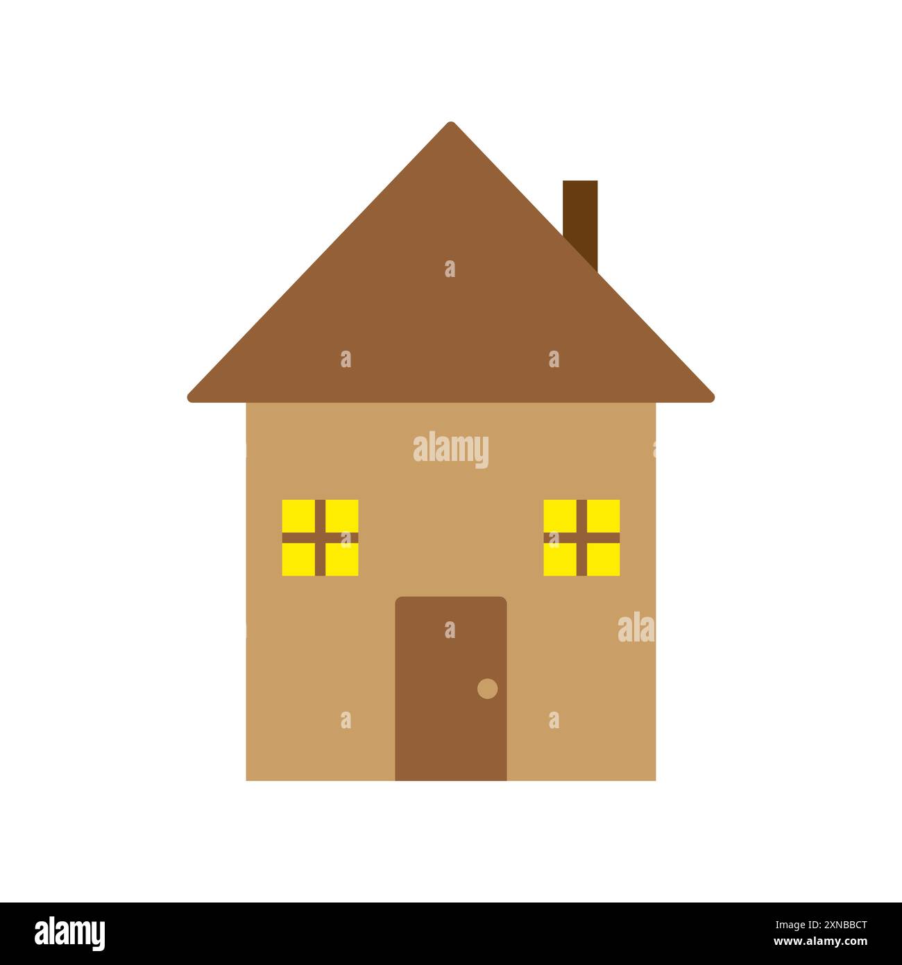 Semplice icona della casa. Tetto e portiera marrone. Finestre gialle. Illustrazione Vettoriale