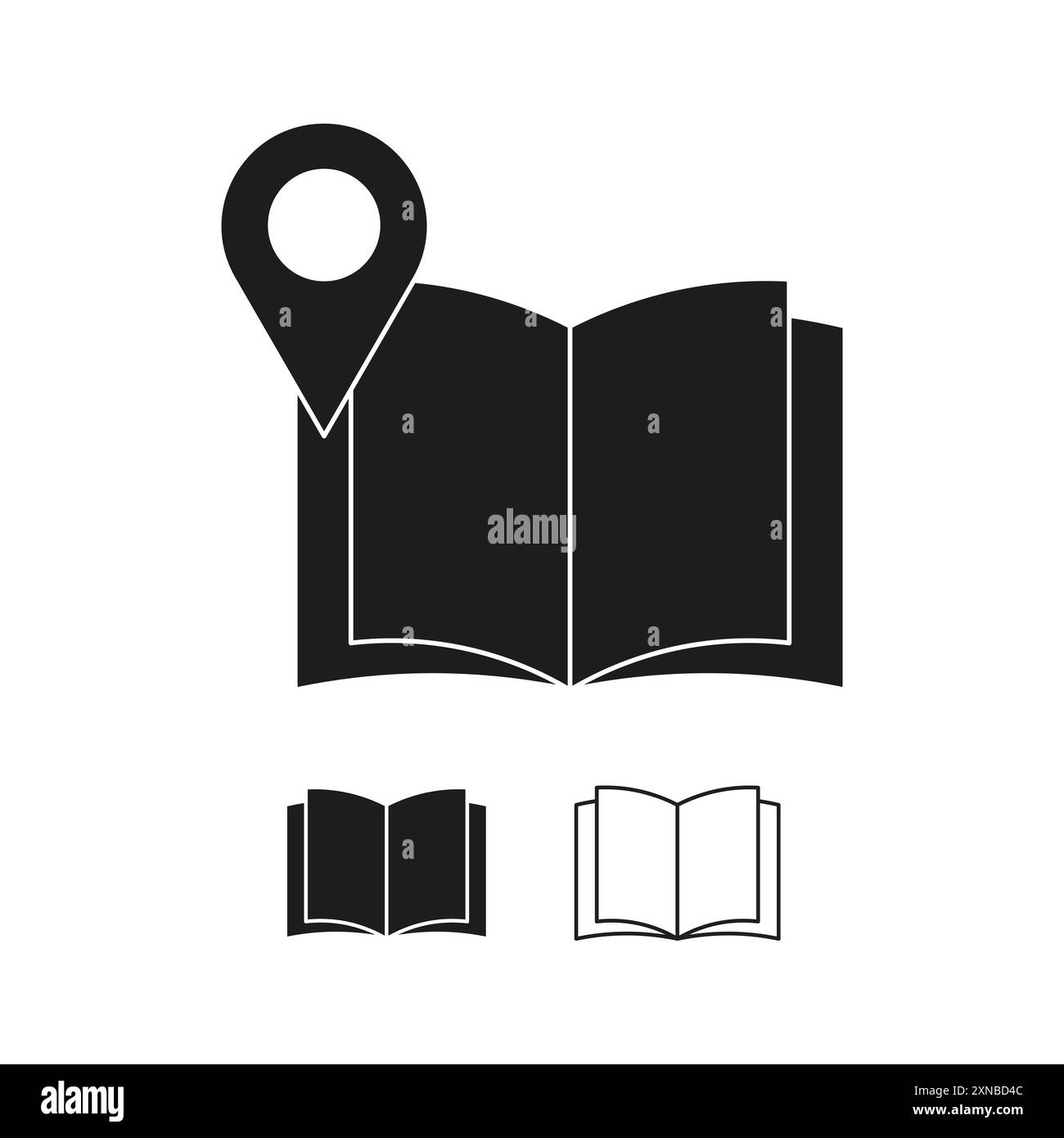 Icona Apri libro. Simbolo della posizione della mappa. Elemento grafico vettoriale. Semplice design nero. Illustrazione Vettoriale