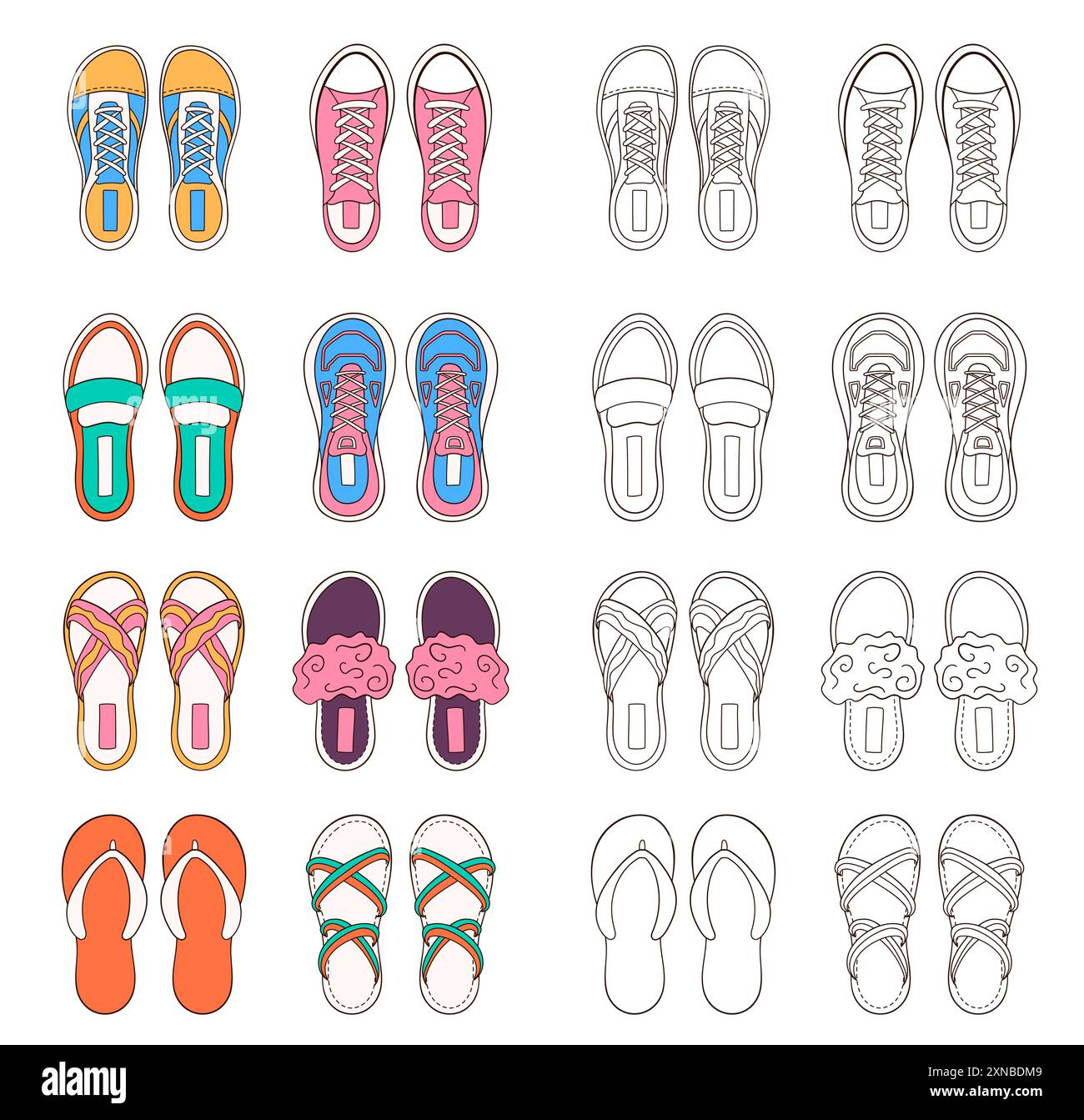 Grande collezione di scarpe donna in stile art di linea. Design di calzature per libro da colorare. Illustrazione vettoriale isolata su sfondo bianco. Illustrazione Vettoriale