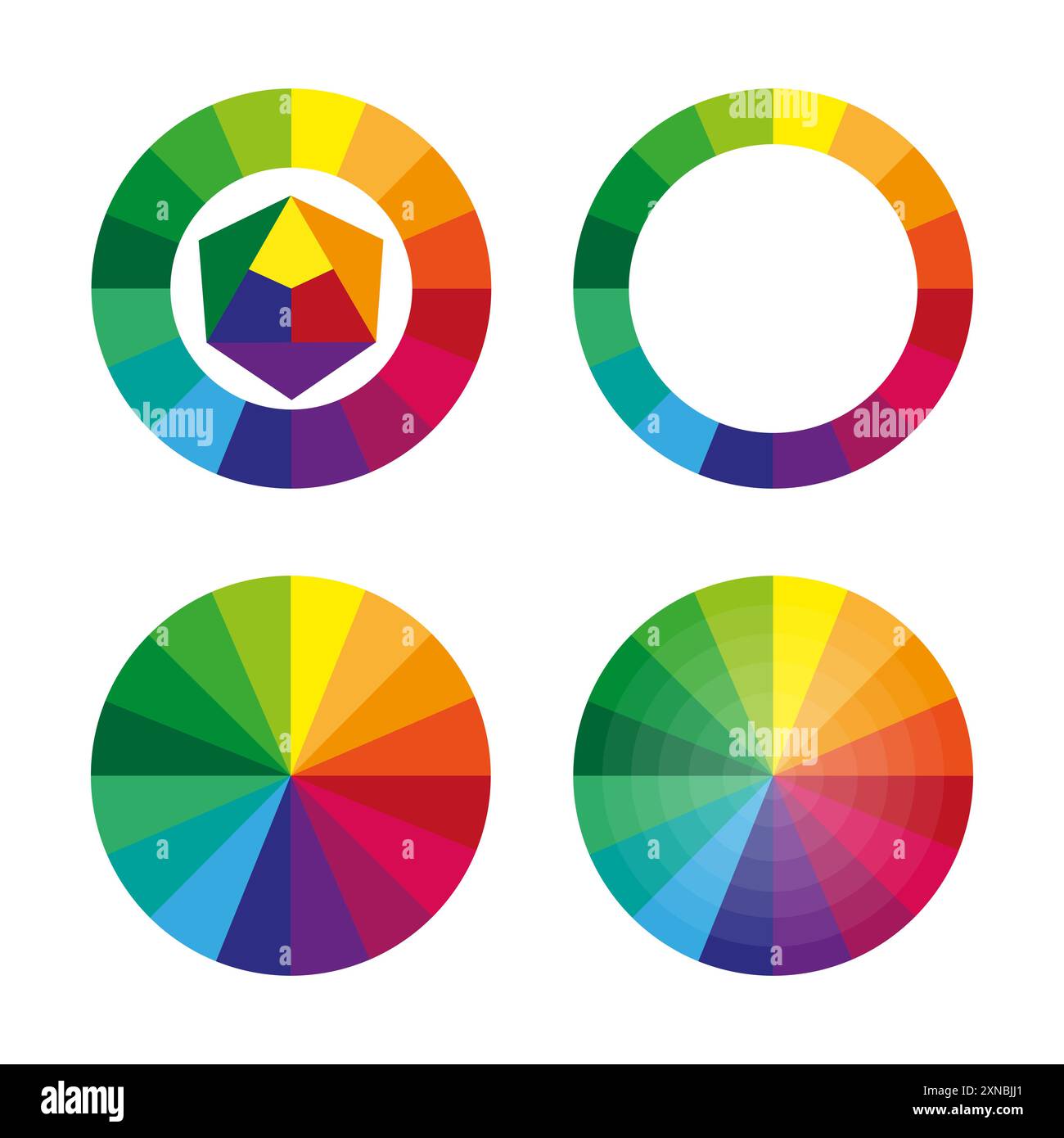 Set di rotelline dei colori. Cerchi dello spettro del gradiente. Diagrammi di tonalità vivaci. Illustrazioni vettoriali arcobaleno. Illustrazione Vettoriale