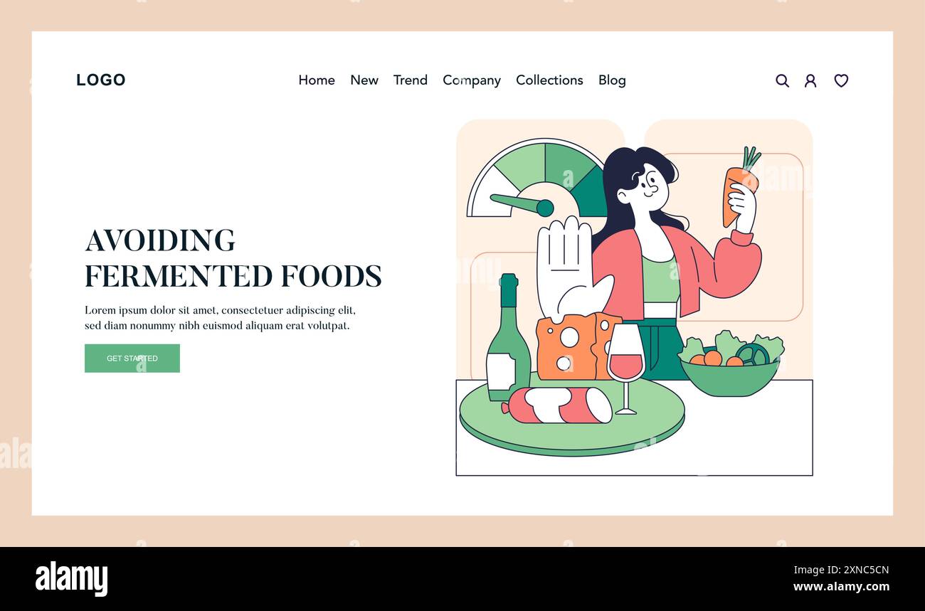 Dieta a basso contenuto di istamina. La donna rifiuta gli alimenti fermentati optando per verdure fresche per gestire l'intolleranza all'istamina. Salute, nutrizione, allergia. Illustrazione vettoriale. Illustrazione Vettoriale