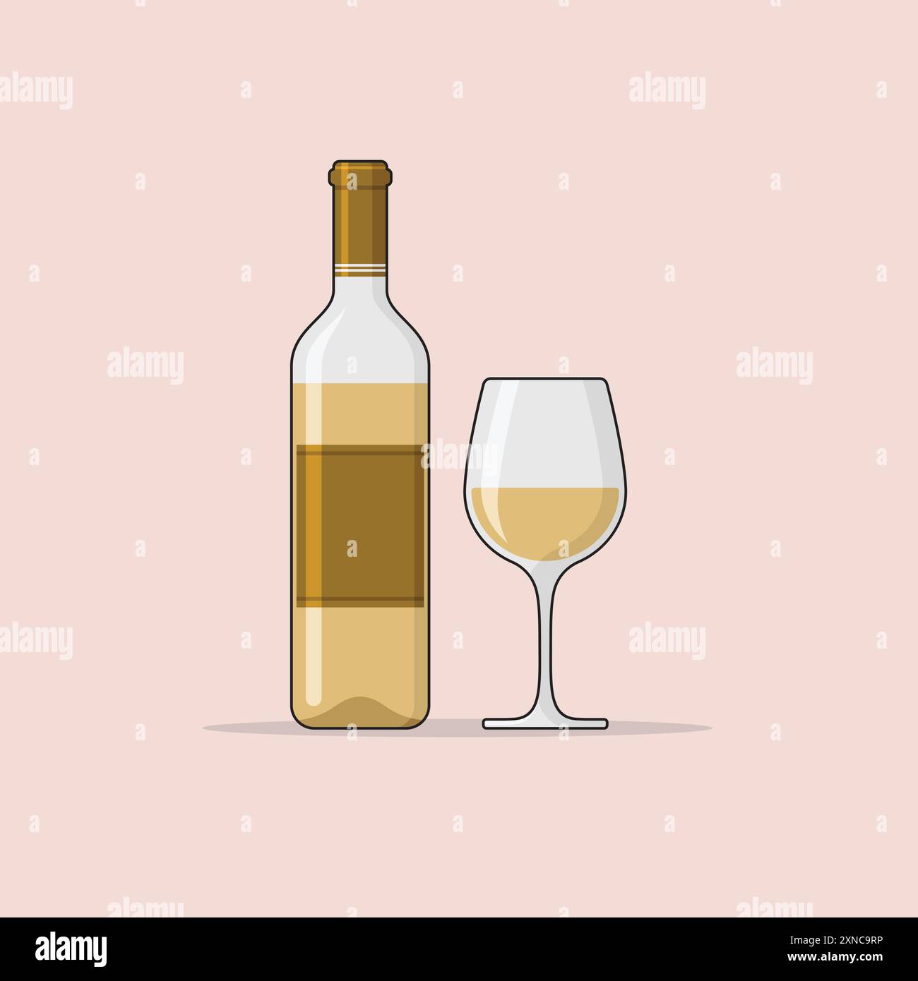 Bottiglia e bicchiere di vino bianco sullo sfondo, illustrazione vettoriale Flat Design, bevanda alcolica per ristorante. Illustrazione Vettoriale
