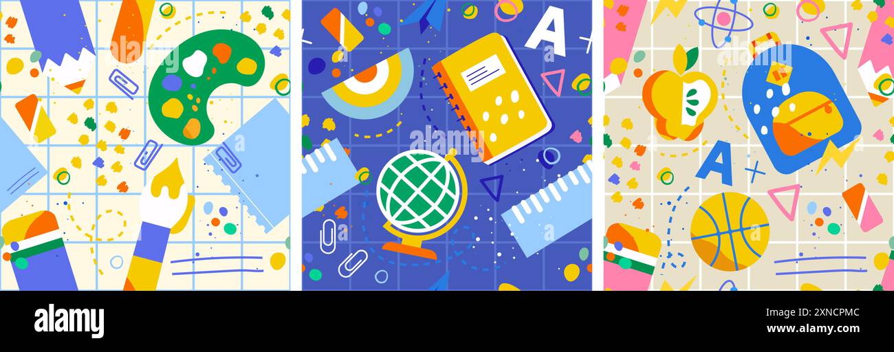 Torna a scuola! Raccolta di 3 motivi senza cuciture. Design semplice, luminoso e infantile con materiale scolastico. Ideale per l'imballaggio, prodotti per ufficio e notebook Illustrazione Vettoriale