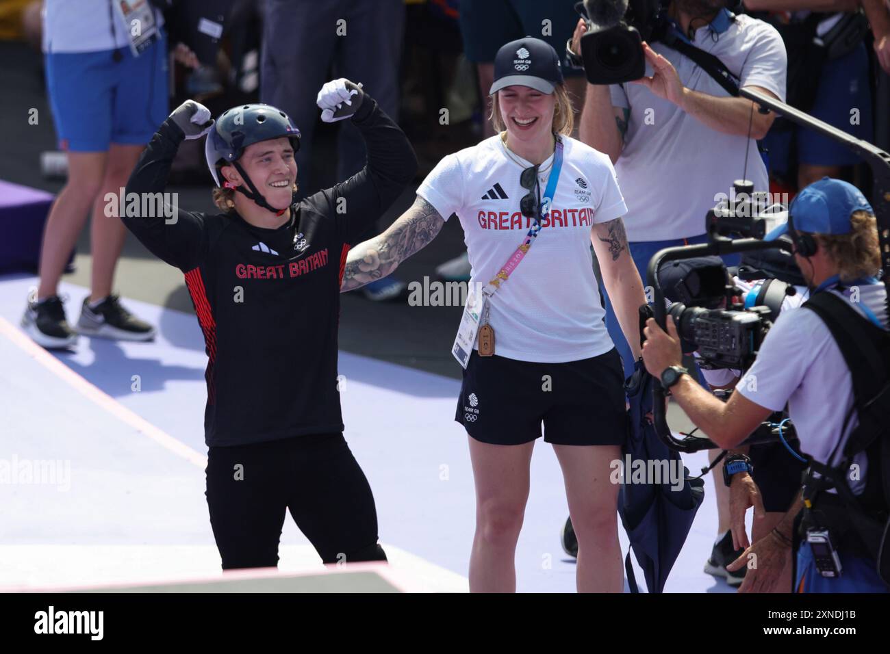 PARIGI, FRANCIA. 31 luglio 2024. Kieran Darren David Reilly del Team Great Britain reagisce dopo aver completato la sua seconda corsa nella finale del BMX Freestyle Men's Park il quinto giorno dei Giochi Olimpici di Parigi 2024 a Place de la Concorde, Parigi, Francia. Crediti: Craig Mercer/Alamy Live News Foto Stock