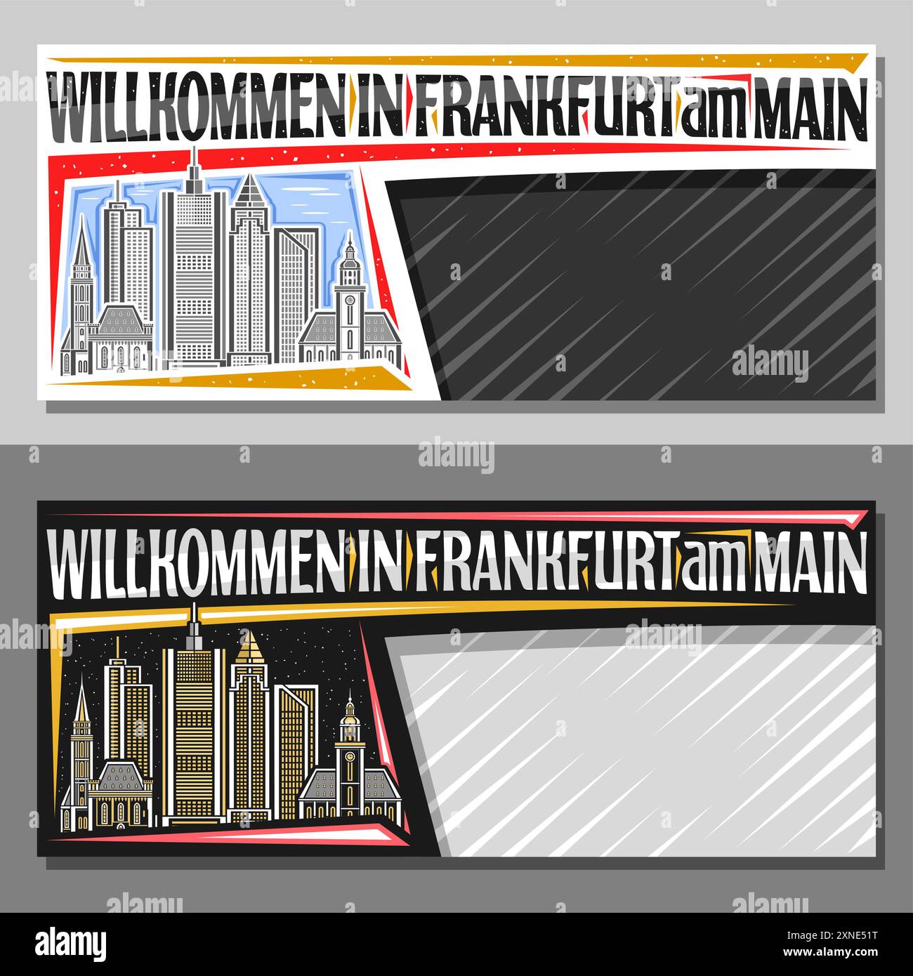 Layout vettoriale per Francoforte con spazio di copia, modello decorativo con il paesaggio principale della città di francoforte sul giorno e sullo sfondo del cielo crepuscolo, design artistico turistico Illustrazione Vettoriale