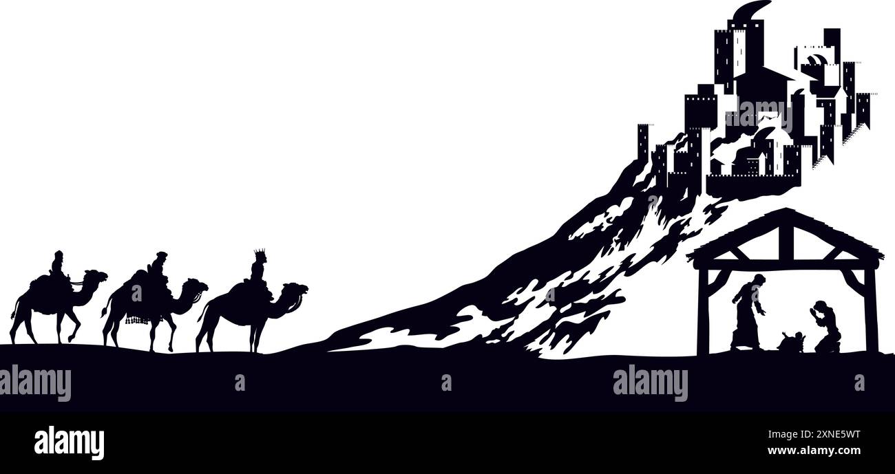 Presepe natalizio Bethlehem Manger Wise Men Illustrazione Vettoriale