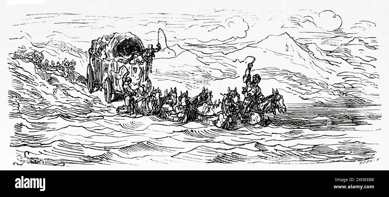 Diligenza dei passeggeri che attraversano un torrente d'acqua, Catalogna. Viaggio in Spagna, 1862 di Jean Charles Davillier (1823-1883) disegno di Gustave Dore (1832-1883) le Tour du Monde 1862 Foto Stock