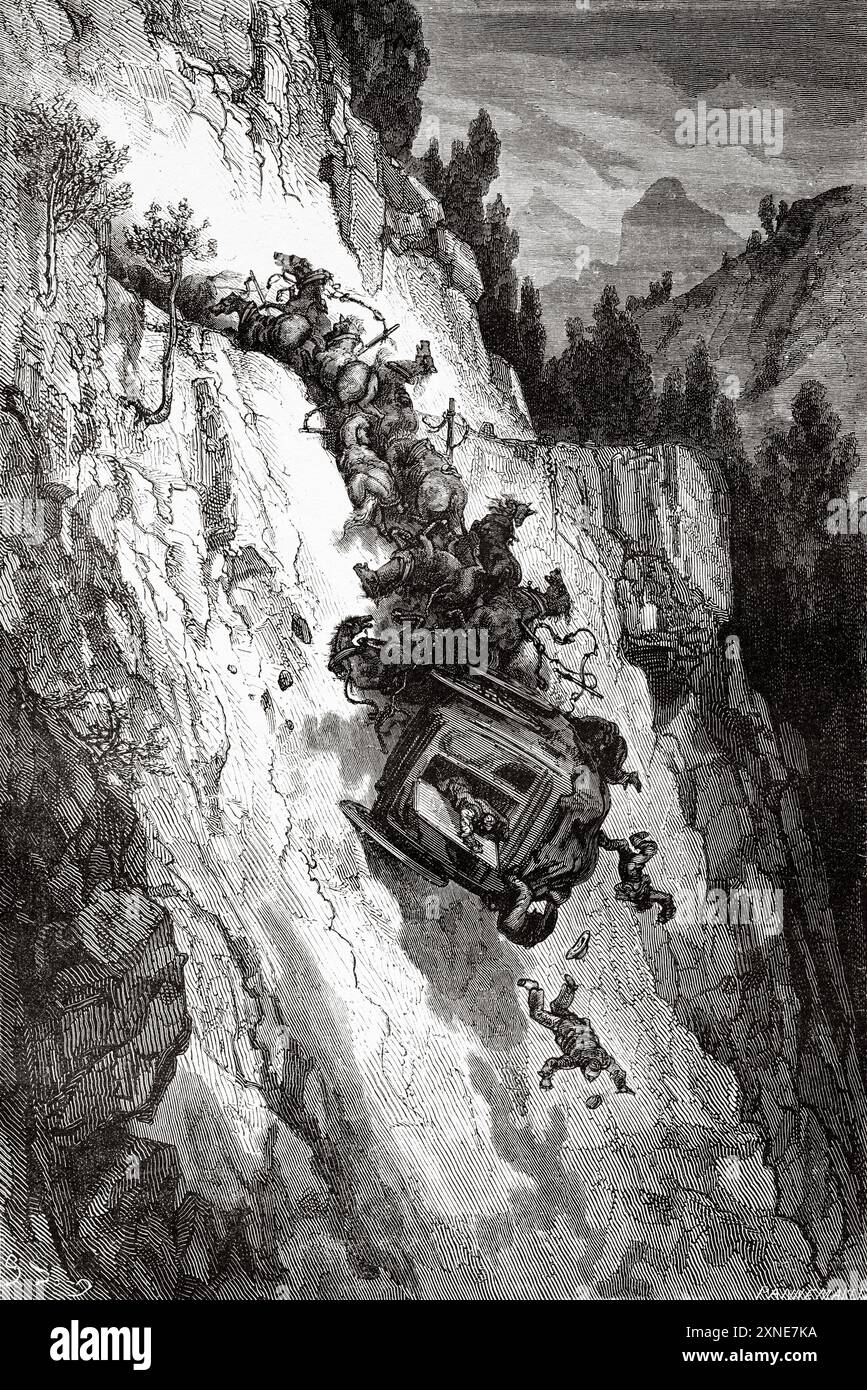 Incidente durante un viaggio una carrozza che cade in un burrone, Comunidad Valenciana. Viaggio in Spagna, 1862 di Jean Charles Davillier (1823-1883) disegno di Gustave Dore (1832-1883) le Tour du Monde 1862 Foto Stock