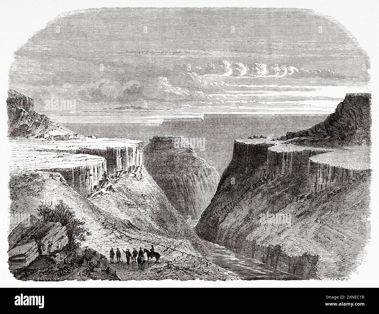 Un canyon o una gola nelle Montagne Rocciose, Utah. Stati Uniti d'America, disegno di Dieudonne Lancelot (1822-1894) viaggio alla città dei Santi, 1860. Capitale del paese dei mormoni di Richard Francis Burton (1821-1890) le Tour du Monde 1862 Foto Stock