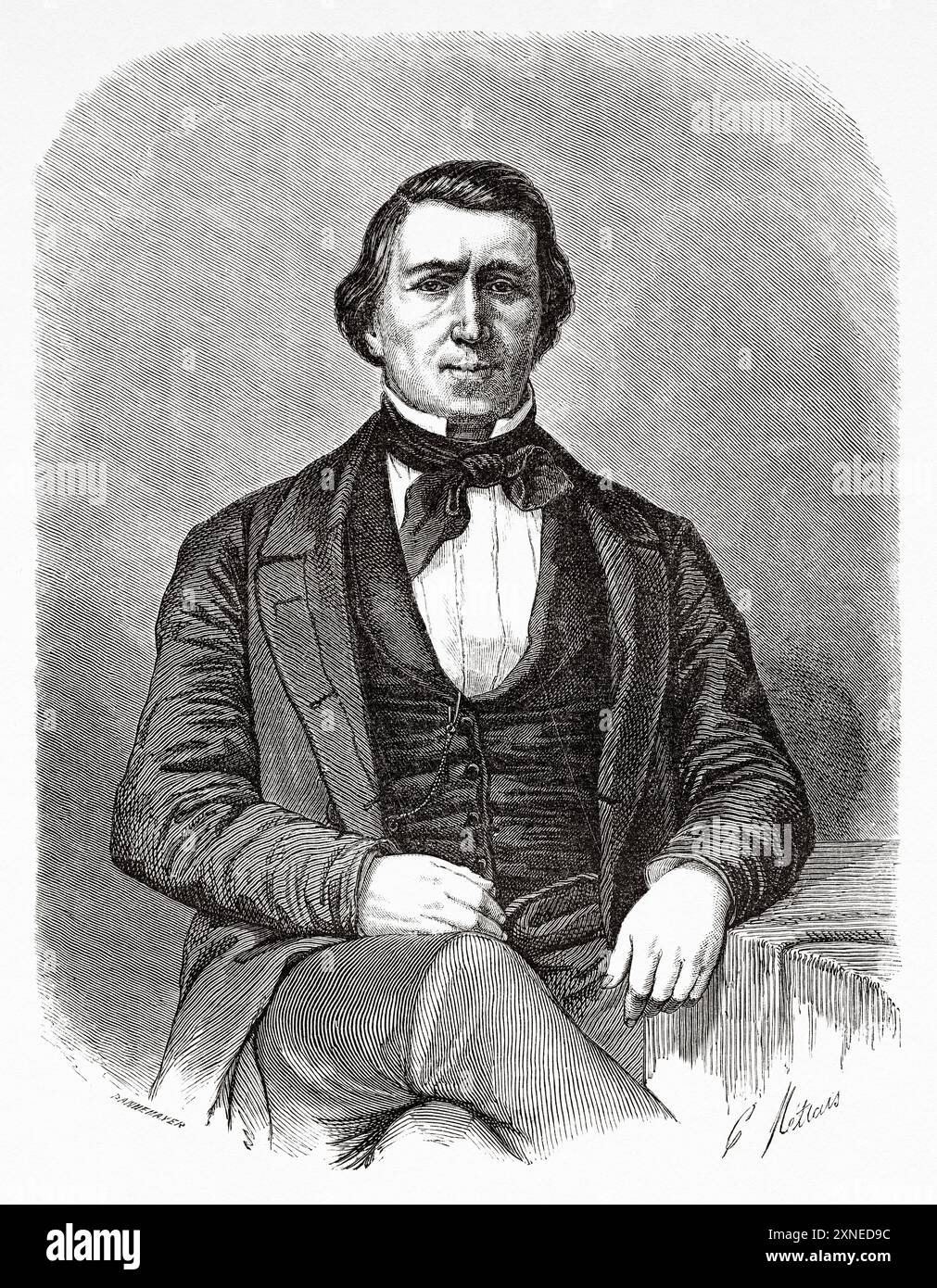 Ritratto di Brigham Young (1801-1877) presidente dei Mormoni, Stati Uniti d'America, disegno di Charles-Joseph Mettais. Viaggio nella città dei Santi, 1860. Capitale del paese dei mormoni di Richard Francis Burton (1821-1890) le Tour du Monde 1862 Foto Stock